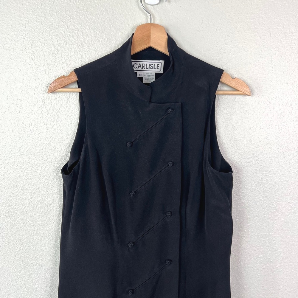 Carlisle Black 100% Silk Mandarin Collar Frog Button Sleeveless Midi Dress 10 - Picture 2 of 11